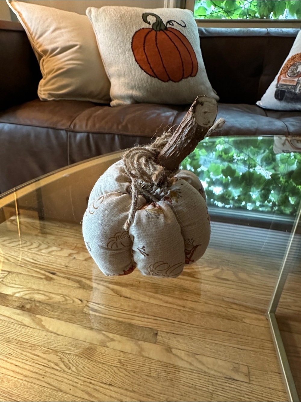 Handcrafted Cream Fabric Pumpkin Accent with Natural Stick Stem